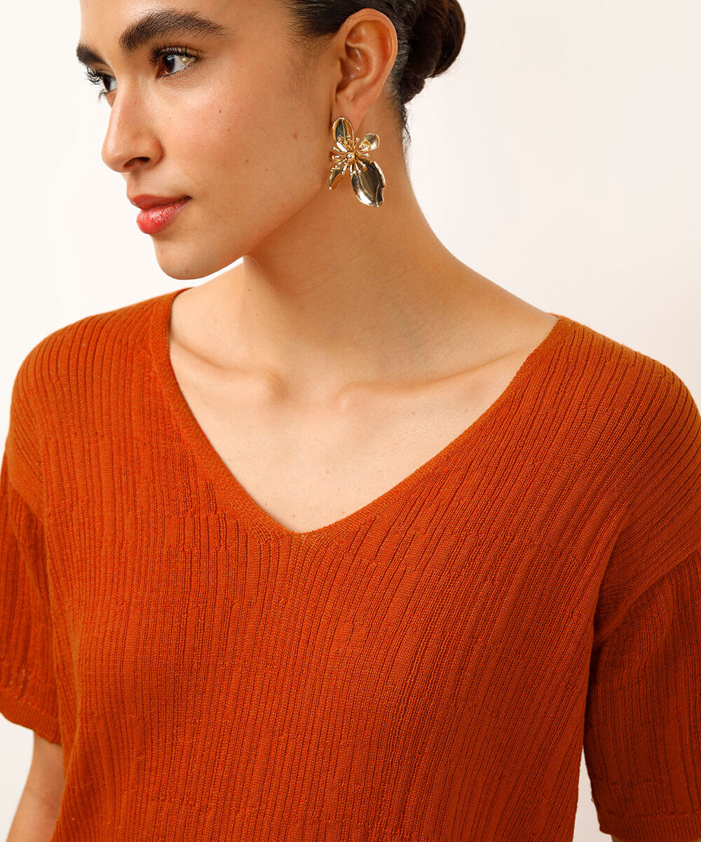túnica de tricot decote v com fenda laranja