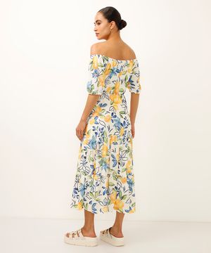 vestido midi de laise ombro a ombro floral bege