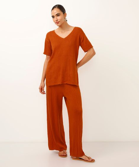 calça wide leg de tricot texturizada laranja