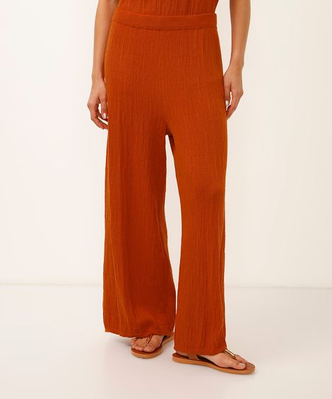 calça wide leg de tricot texturizada laranja