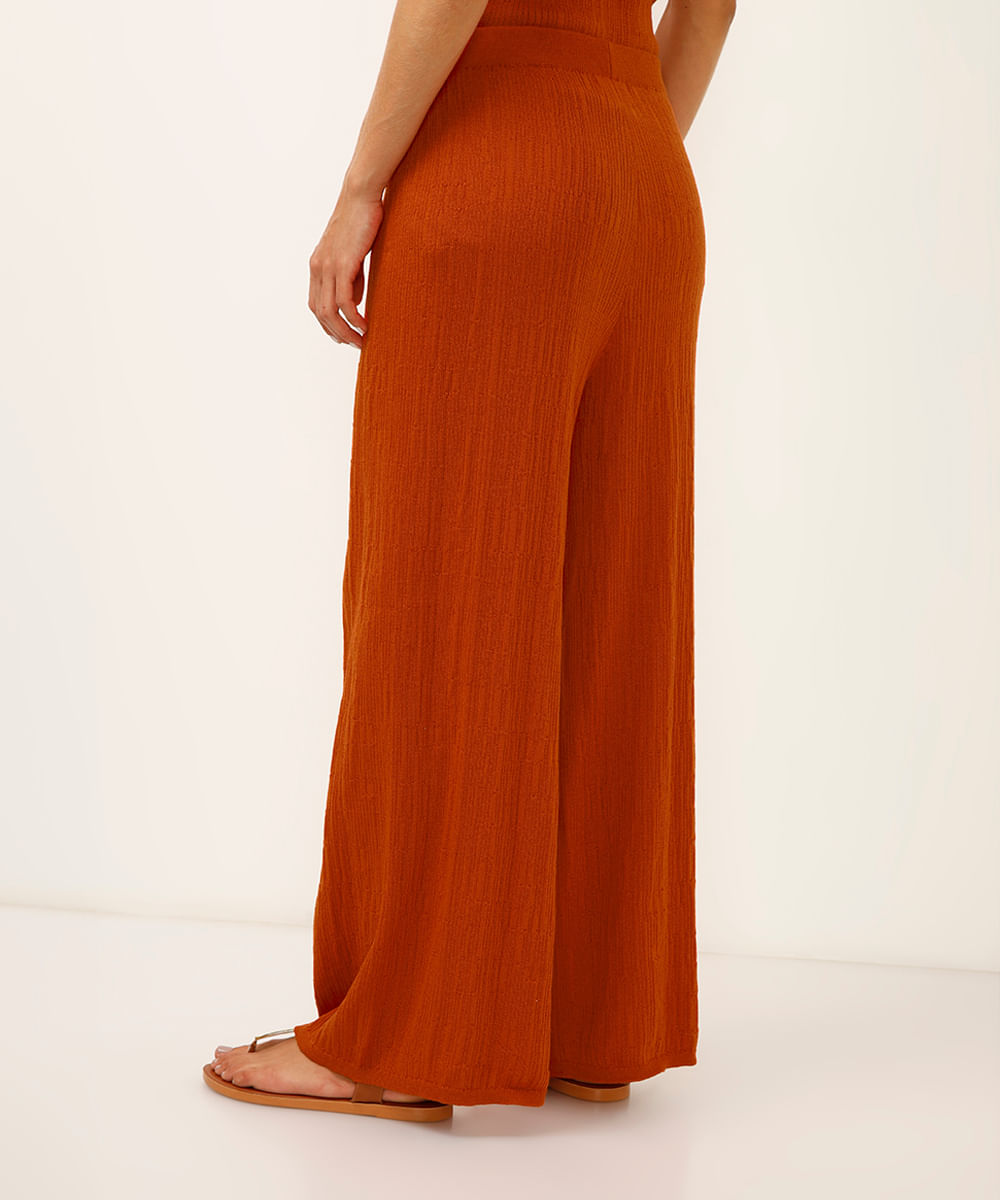 calça wide leg de tricot texturizada laranja