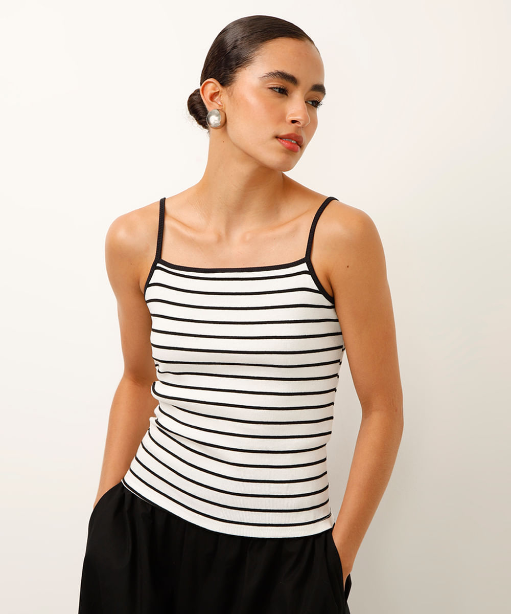 regata de algodão decote quadrado listrada off white