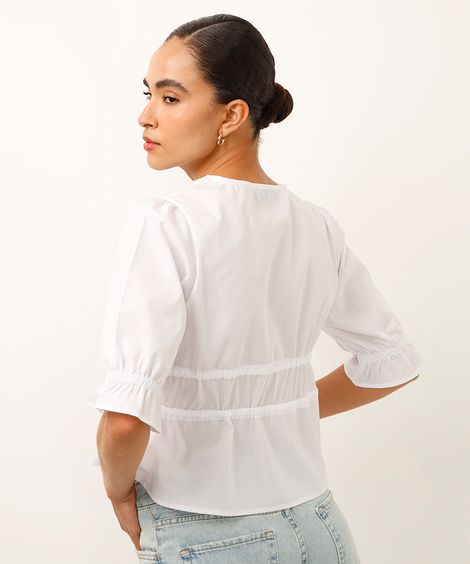 blusa decote v com laços e pregas off white