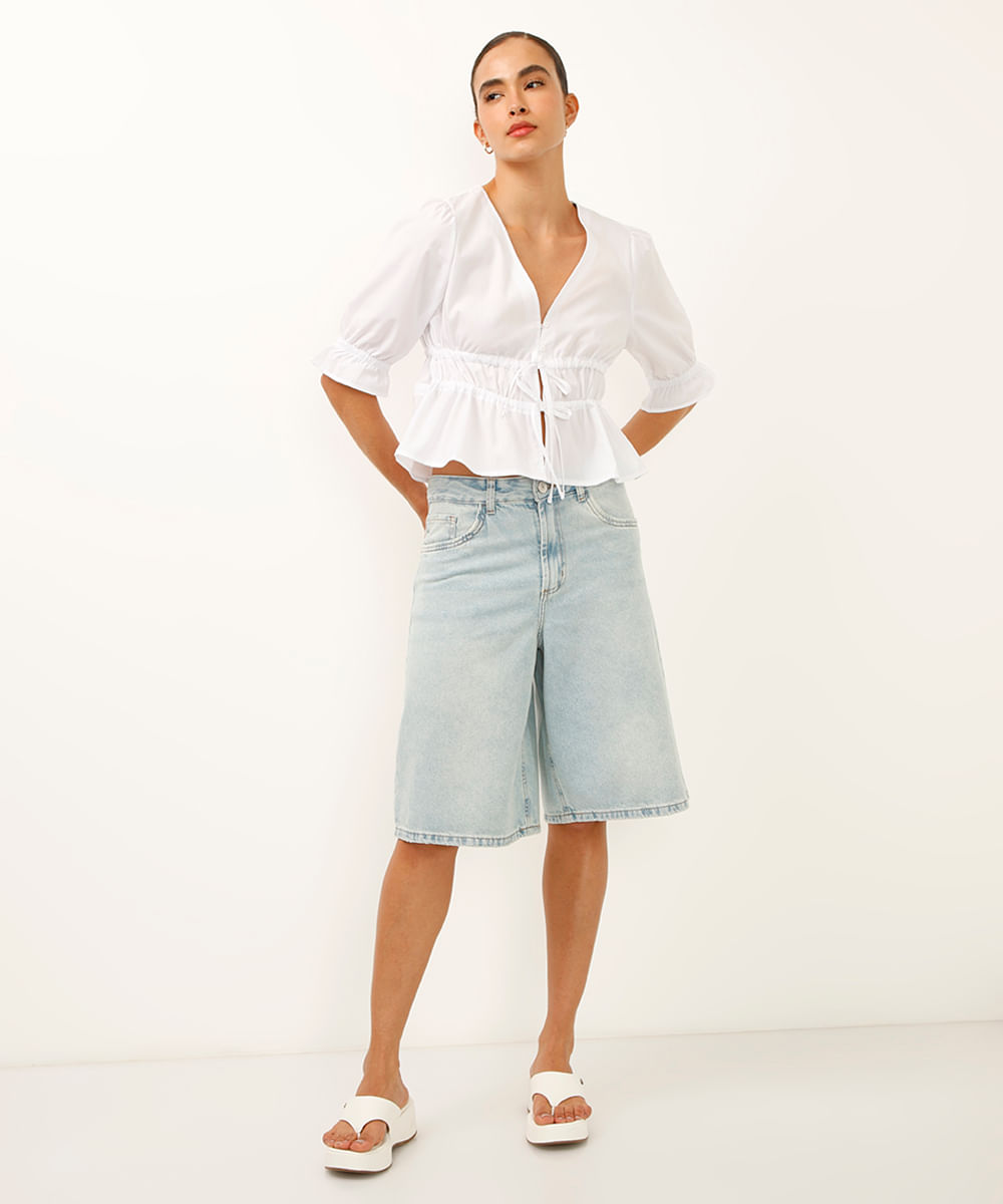 blusa decote v com laços e pregas off white