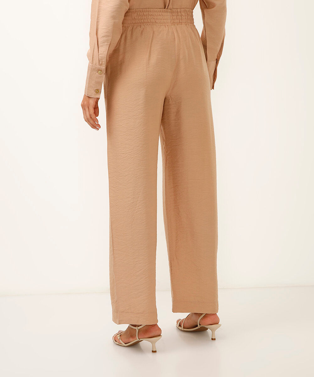 calça pantalona de viscose cós com elástico bege