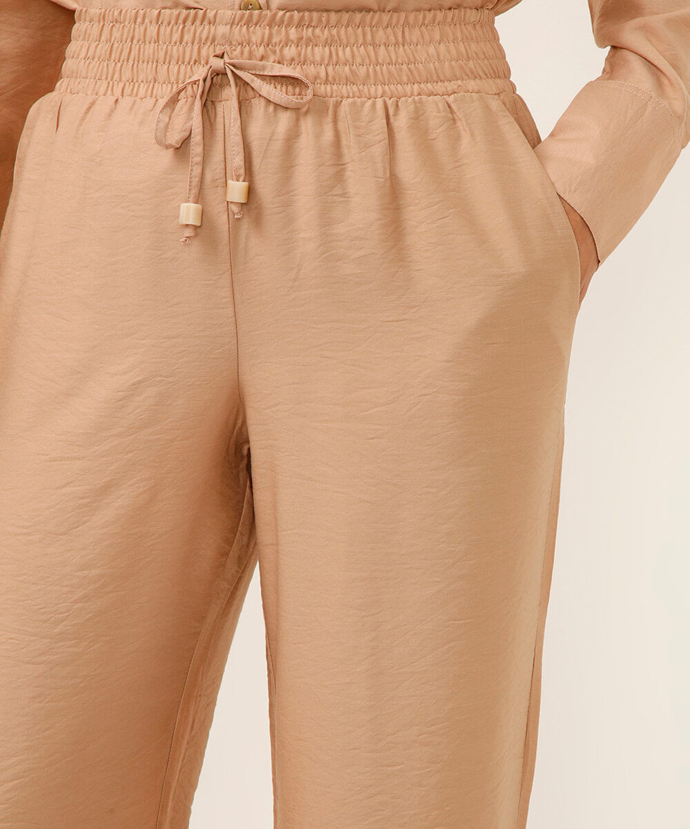calça pantalona de viscose cós com elástico bege