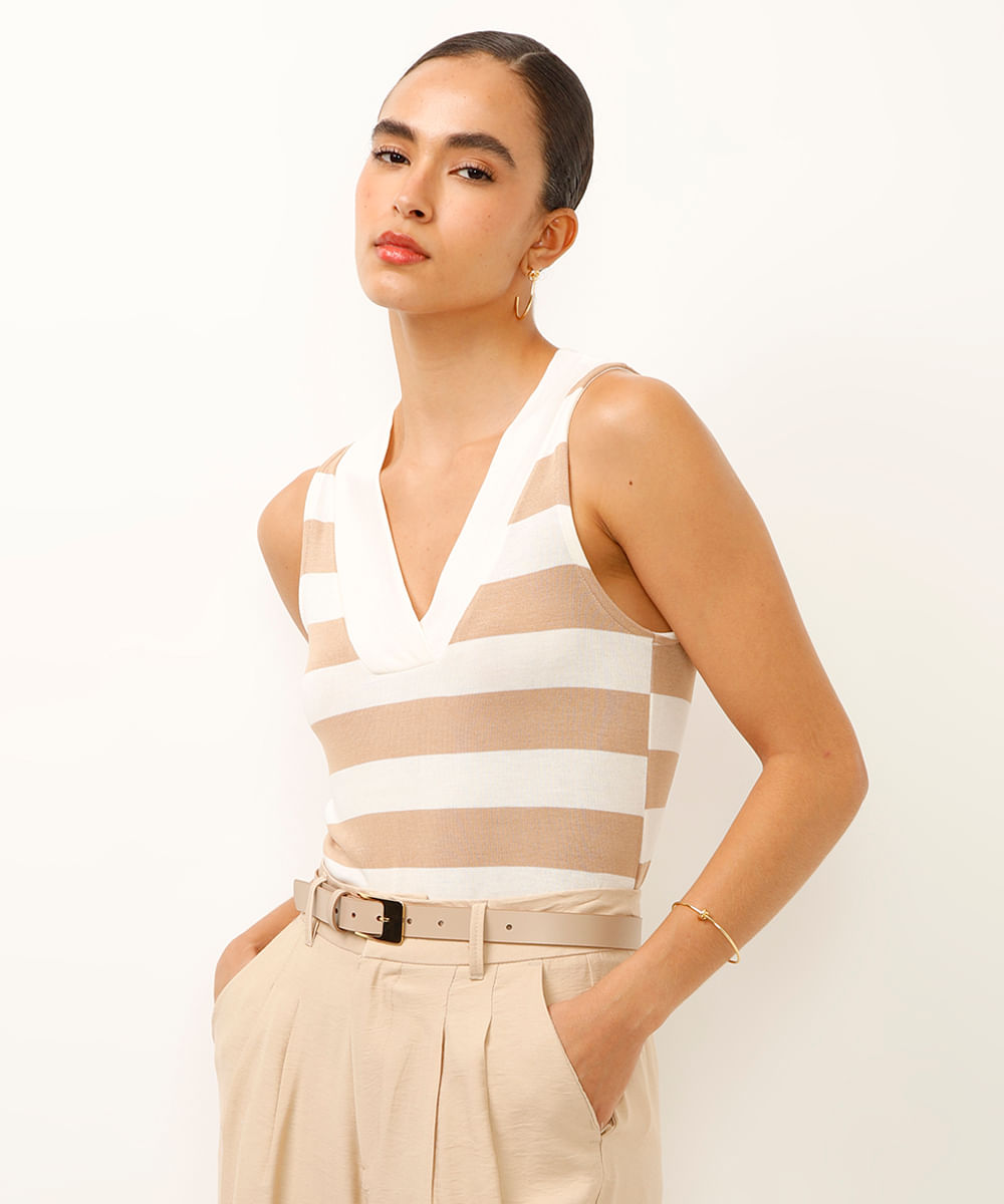 regata de viscose decote v listrada off white