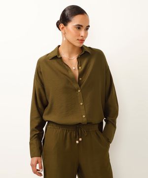 camisa oversized de viscose manga longa verde