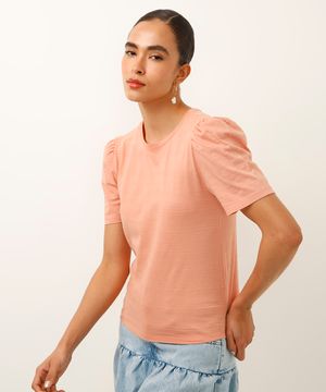 blusa de algodão texturizada com manga bufante rosa