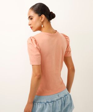 blusa de algodão texturizada com manga bufante rosa