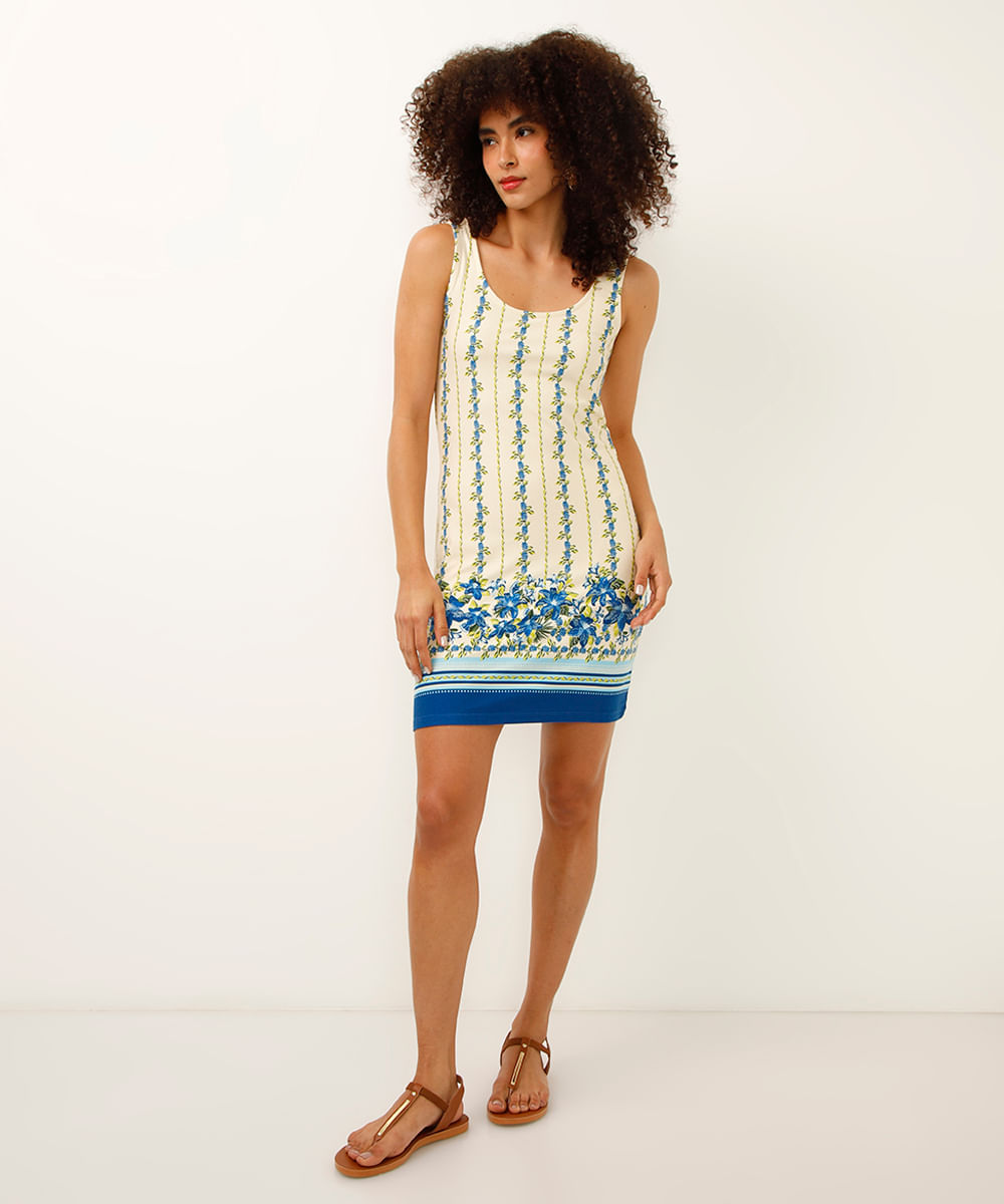 vestido curto de viscose floral off white