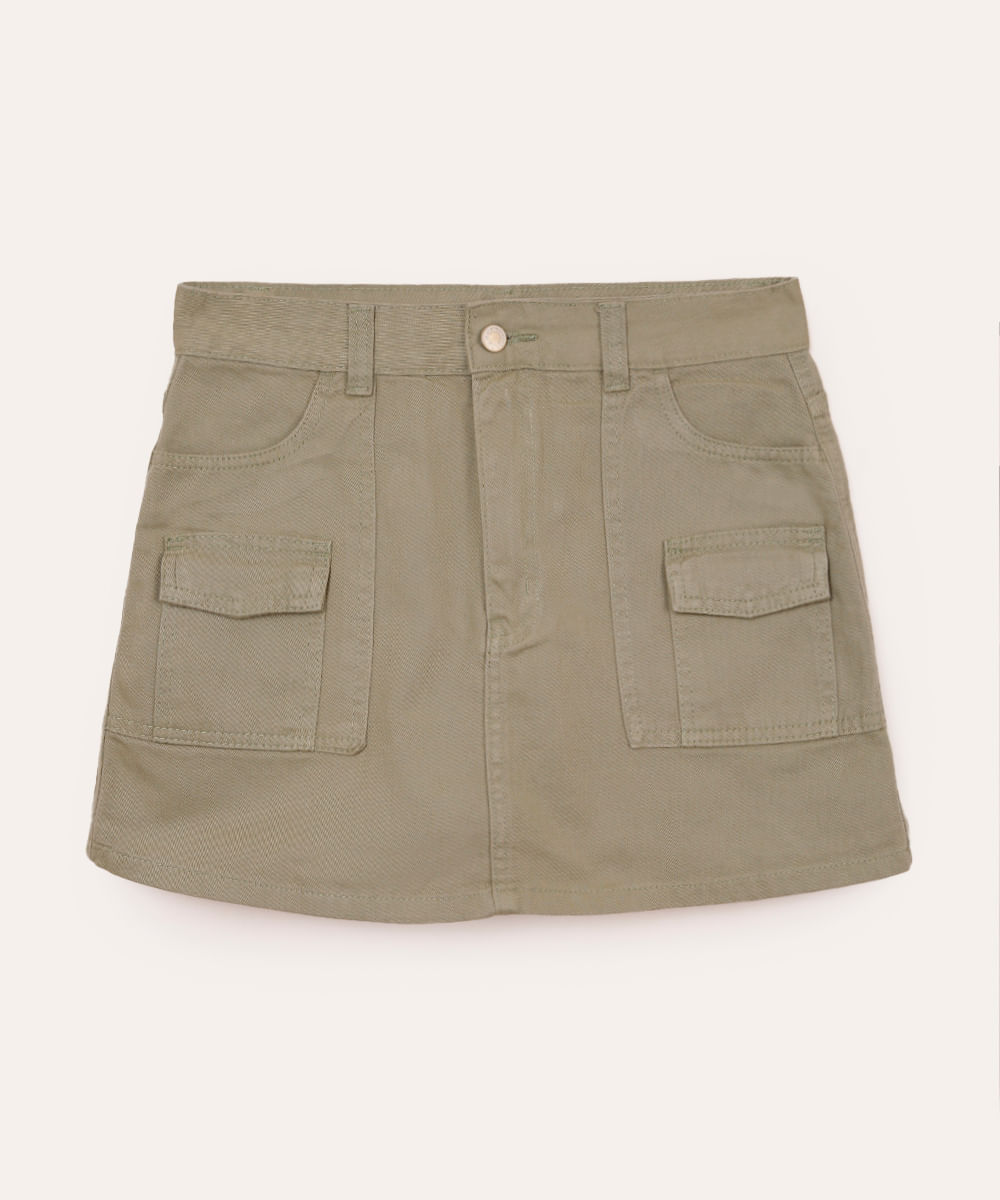short saia juvenil de sarja cargo verde