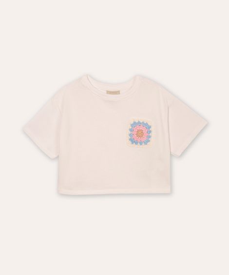 cropped infantil de algodão bolso de crochê off white