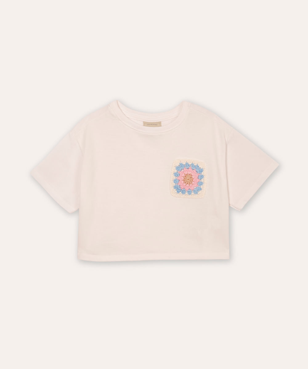 cropped infantil de algodão bolso de crochê off white