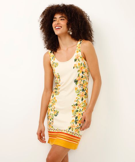 vestido curto de viscose alça fina floral off white
