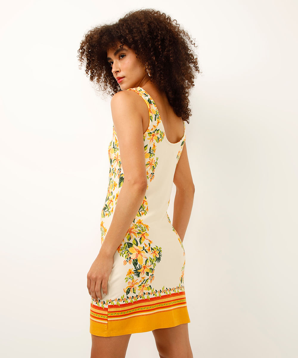 vestido curto de viscose alça fina floral off white