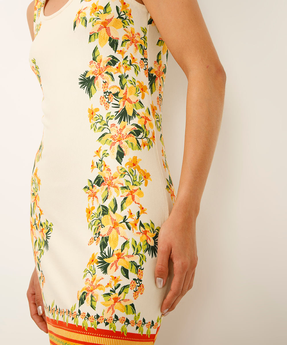 vestido curto de viscose alça fina floral off white