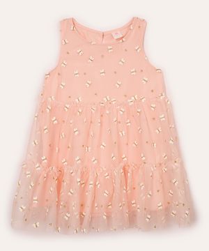 vestido infantil de tule com borboletas rosa