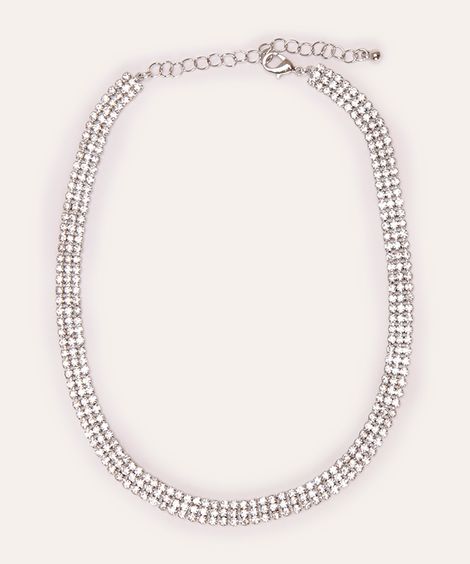 colar gargantilha de strass prateada