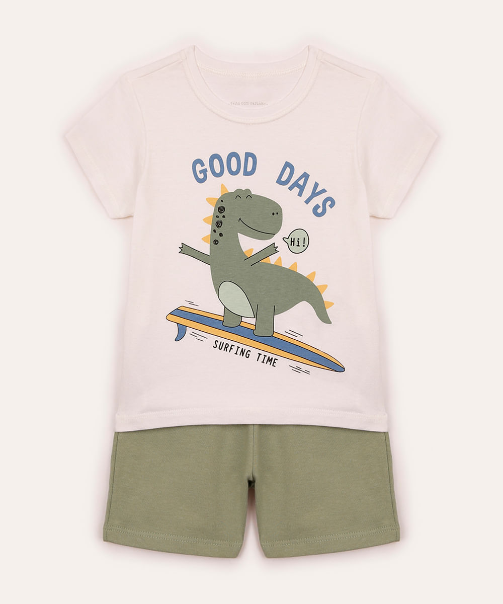 conjunto infantil curto dinossauro  off white