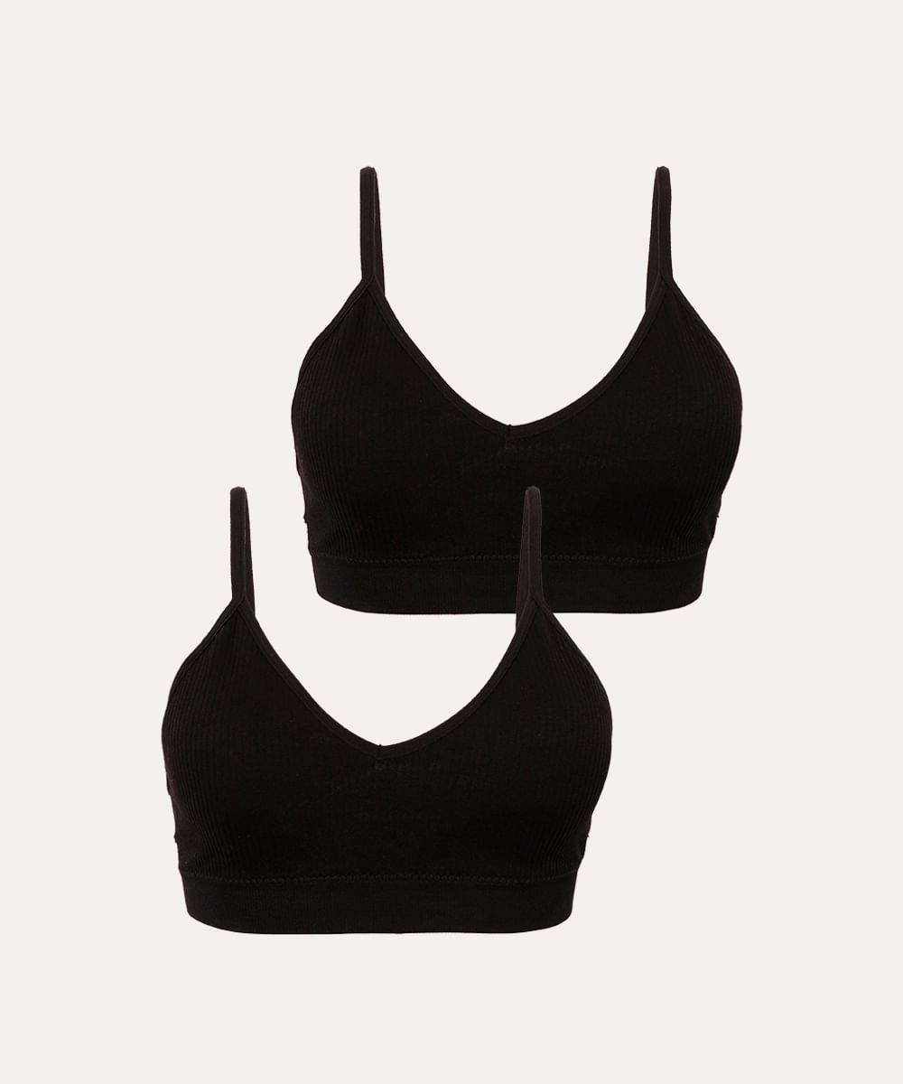 kit de 2 sutiãs triângulo bojo removível canelado preto