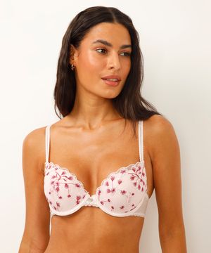 sutiã meia taça com tule e renda floral rosa