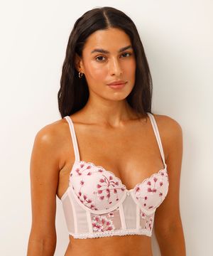 sutiã cropped meia taça de renda floral rosa