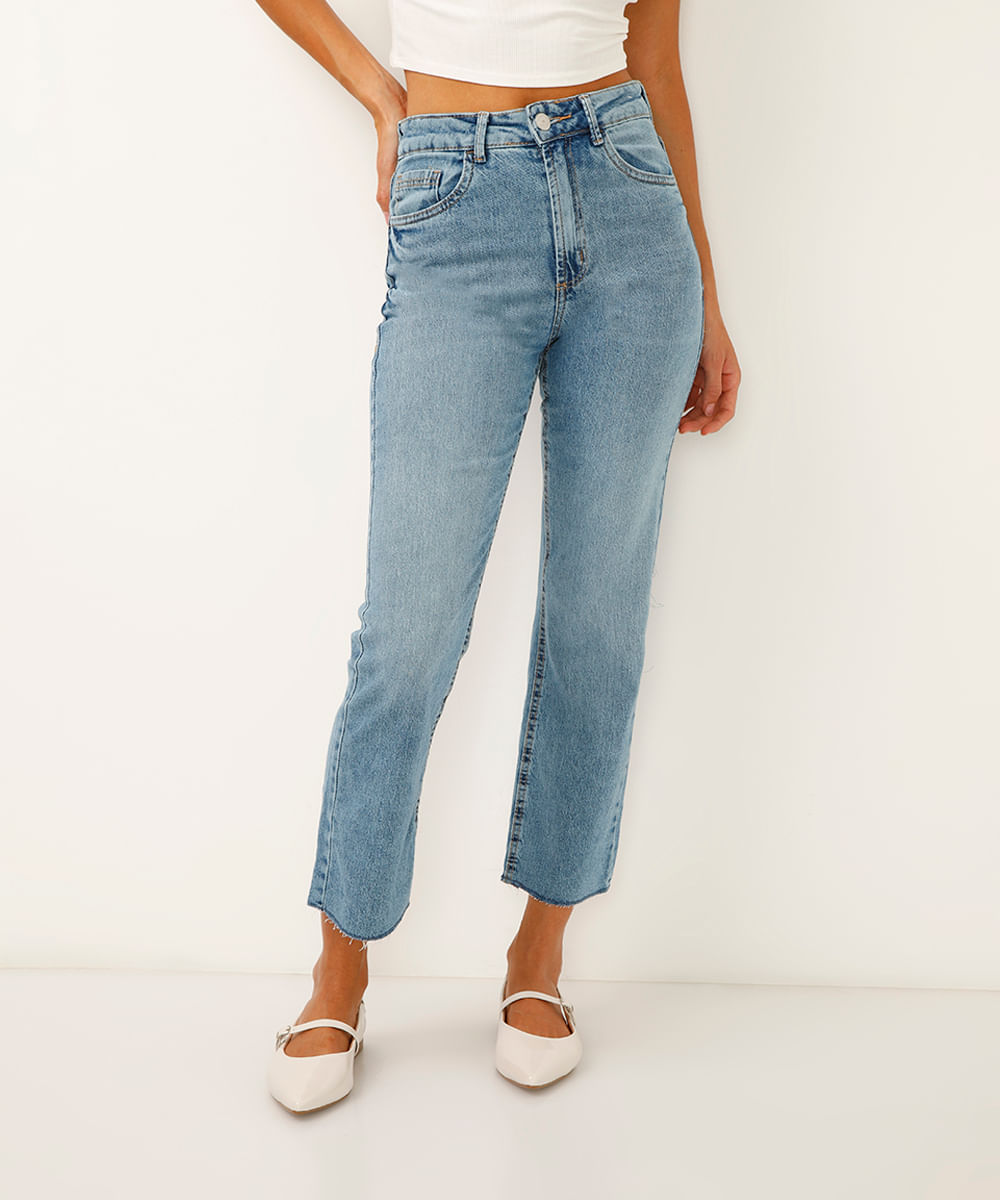 calça boot cut cropped jeans cintura alta azul