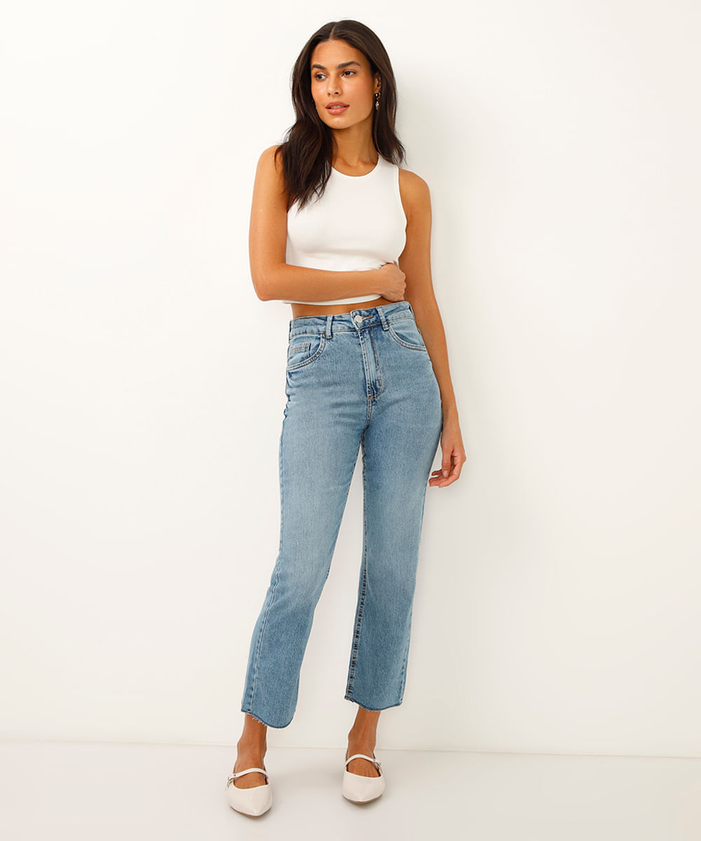 calça boot cut cropped jeans cintura alta azul