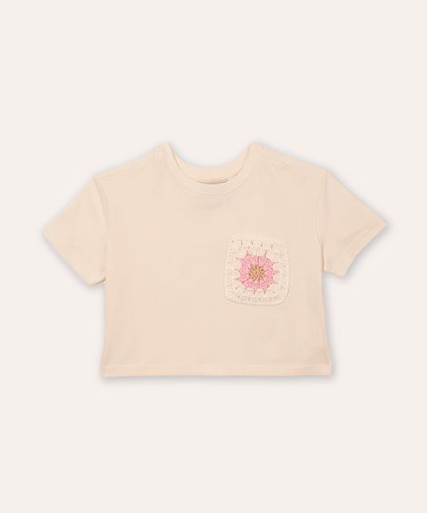 cropped infantil de algodão bolso floral bege