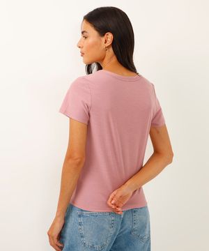 Blusa Feminina Básica Flamê Manga Curta Decote Rosê