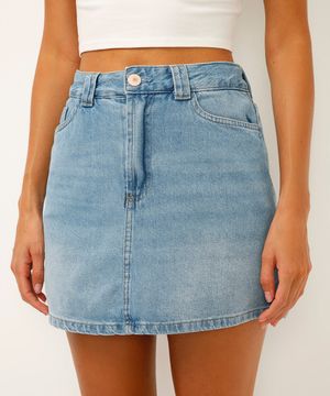 short saia jeans cintura alta azul