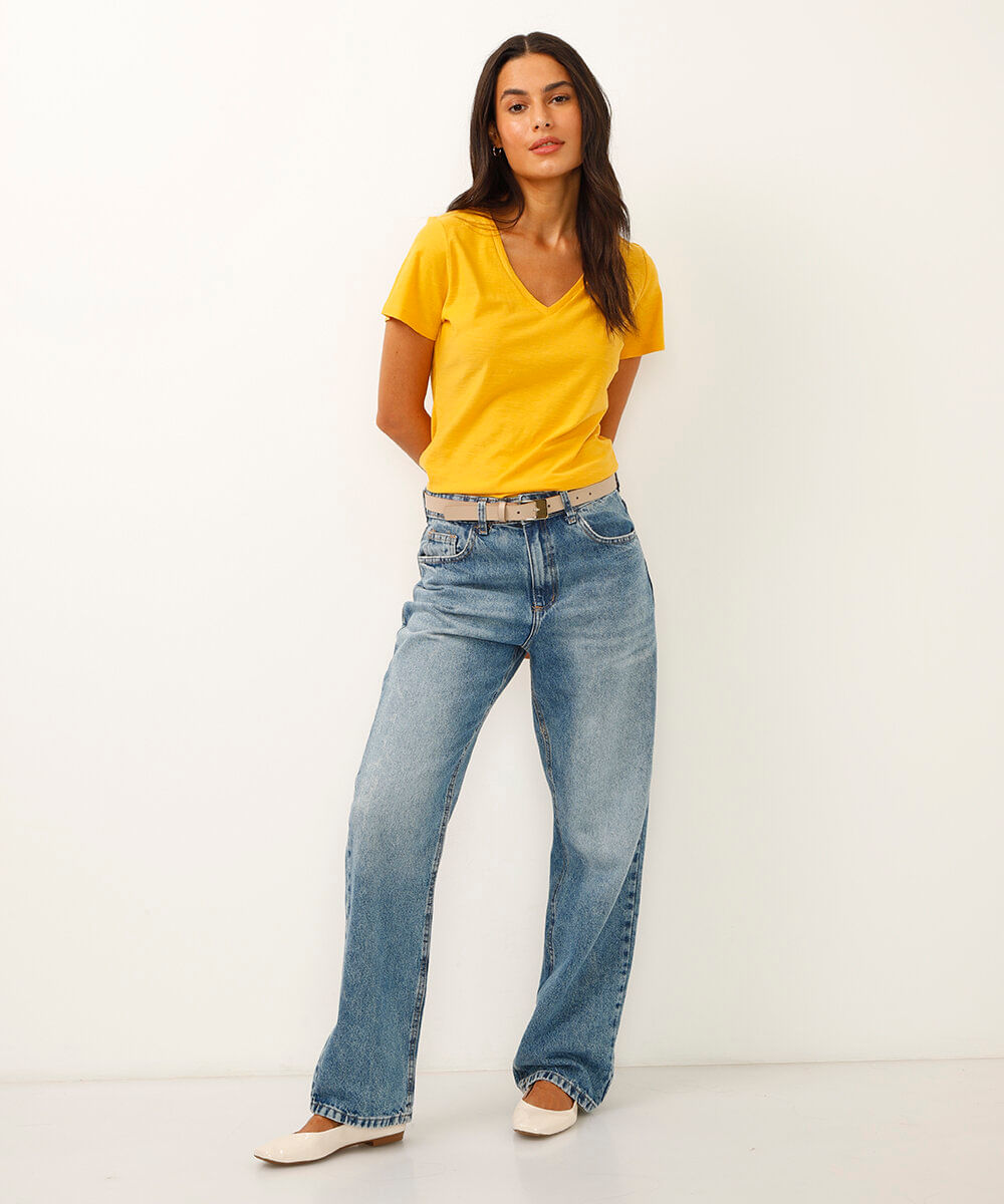 camiseta de algodão peruano decote v - amarelo