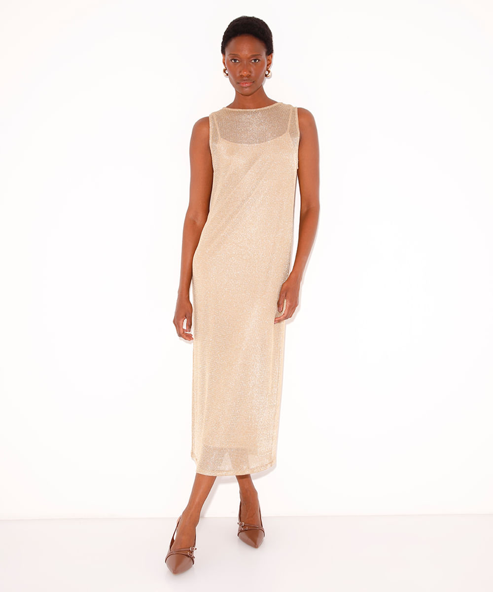 vestido midi slip dress de tricot metalizado mindset dourado