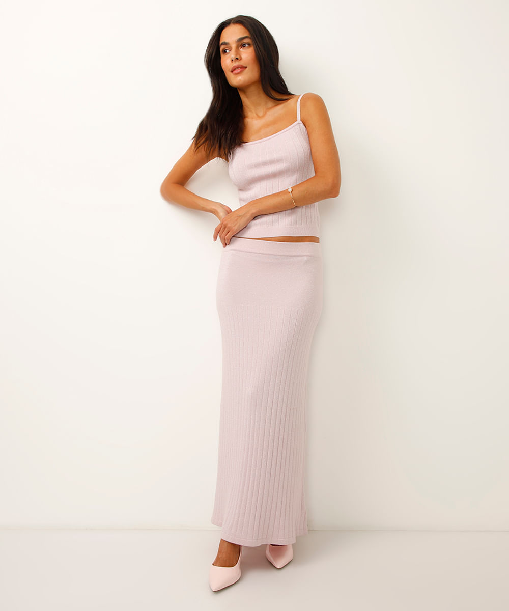 saia midi reta de tricot com lurex rosa