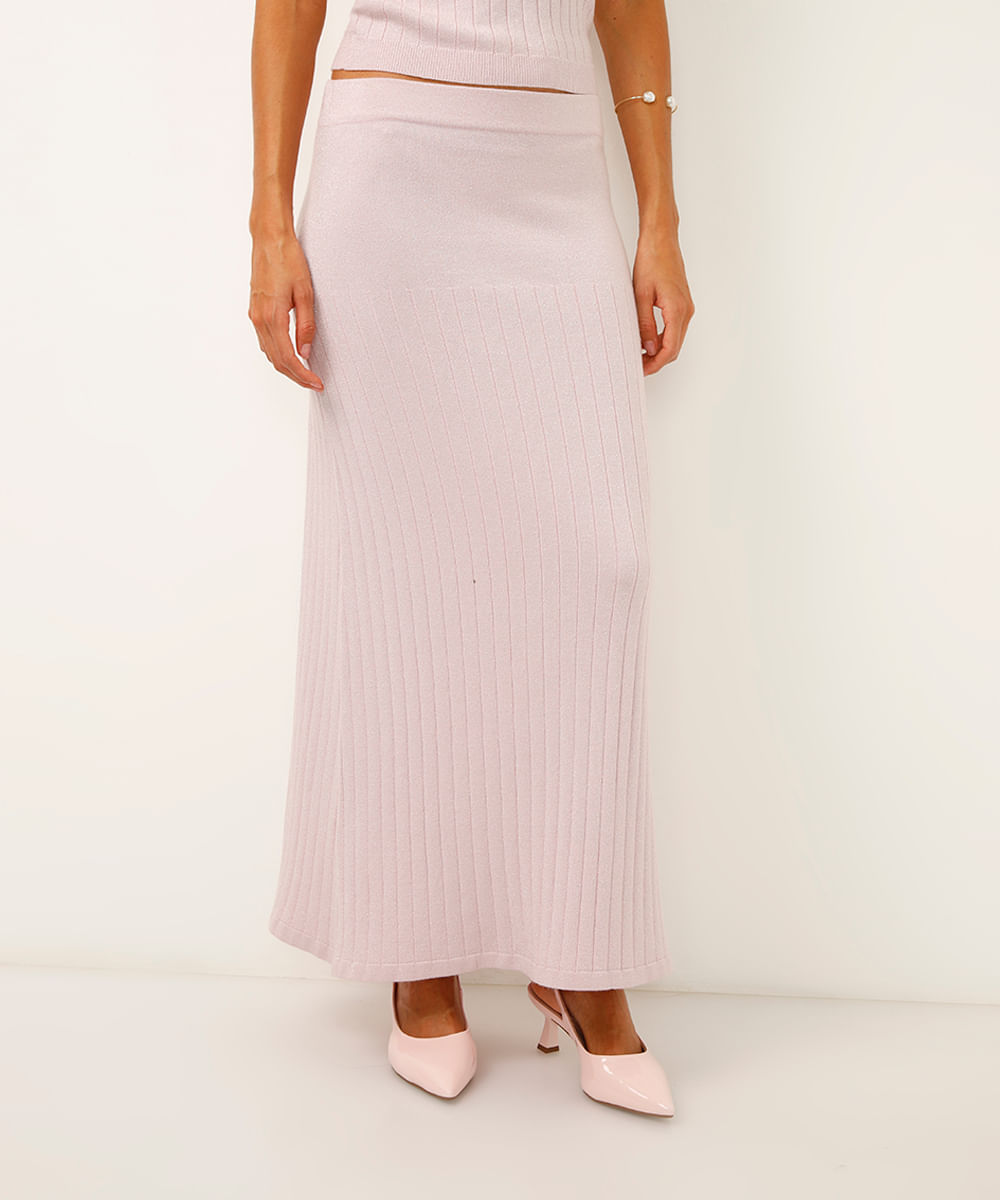 saia midi reta de tricot com lurex rosa