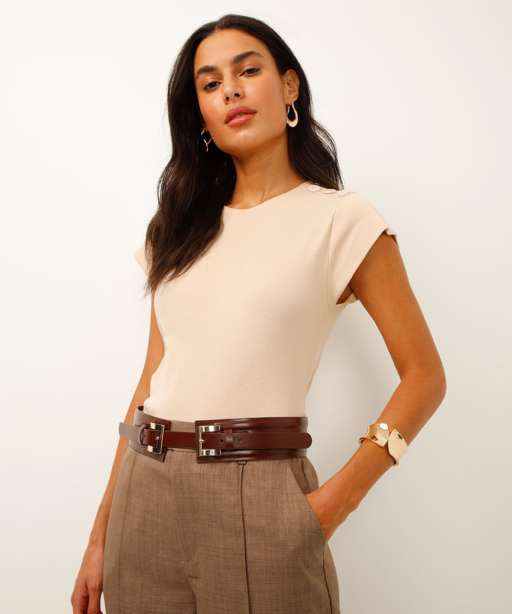 blusa de algodão manga copinho com botões bege