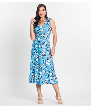 Vestido Feminino Longo Estampado Sem Manga Donna Azul