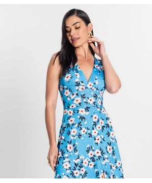 Vestido Feminino Longo Estampado Sem Manga Donna Azul