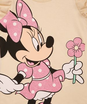 camiseta infantil manga curta minnie com babado bege