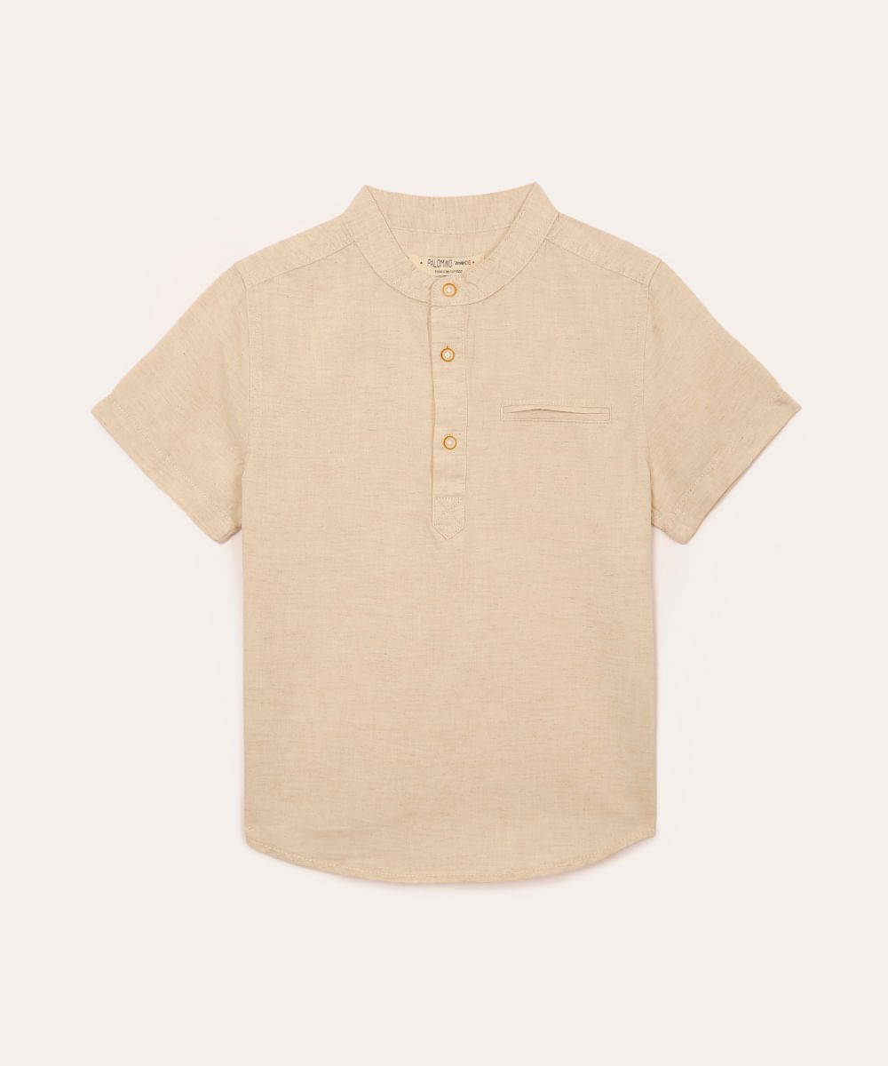 camisa infantil com linho gola padre bege