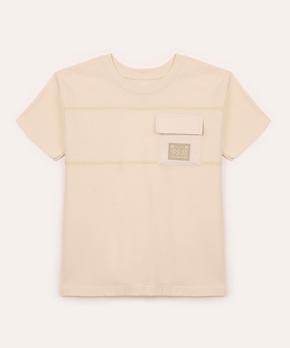 camiseta infantil de algodão com bolso bege
