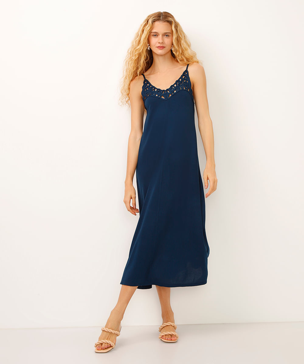 vestido midi alça fina arabesco azul