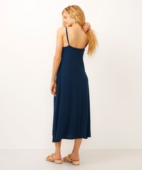 vestido midi alça fina arabesco azul