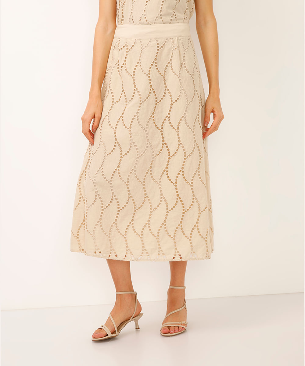 saia midi laise folhagem bege