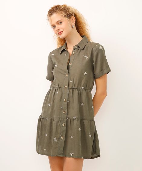 vestido curto feminino chemise bordado floral verde