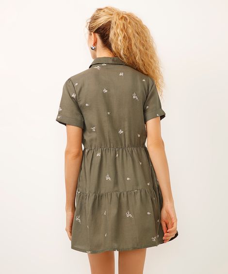 vestido curto feminino chemise bordado floral verde