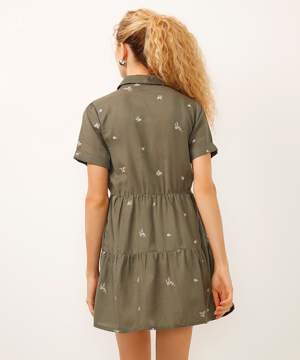 vestido curto feminino chemise bordado floral verde