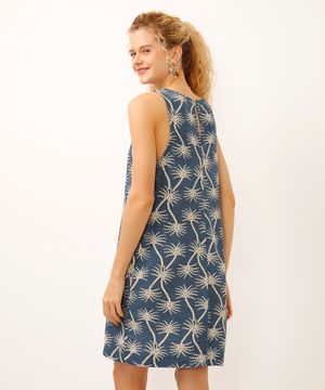 vestido curto de viscose decote canoa coqueiro azul