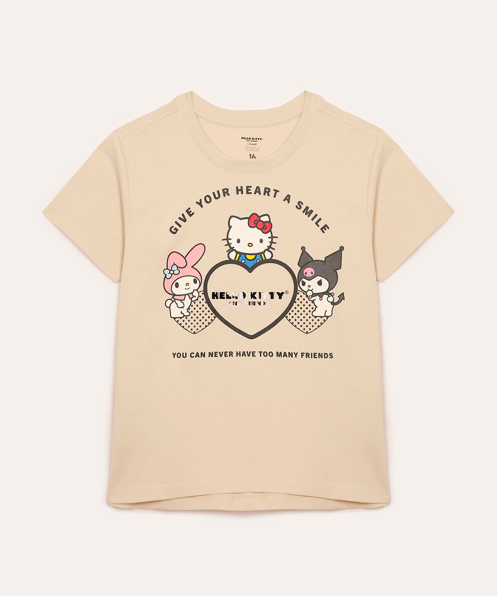 camiseta juvenil de algodão hello kitty bege